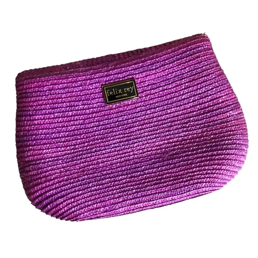 Felix Rey NY Fuchsia Straw Clutch Purse Seashell Embellished Boho Beach Bag